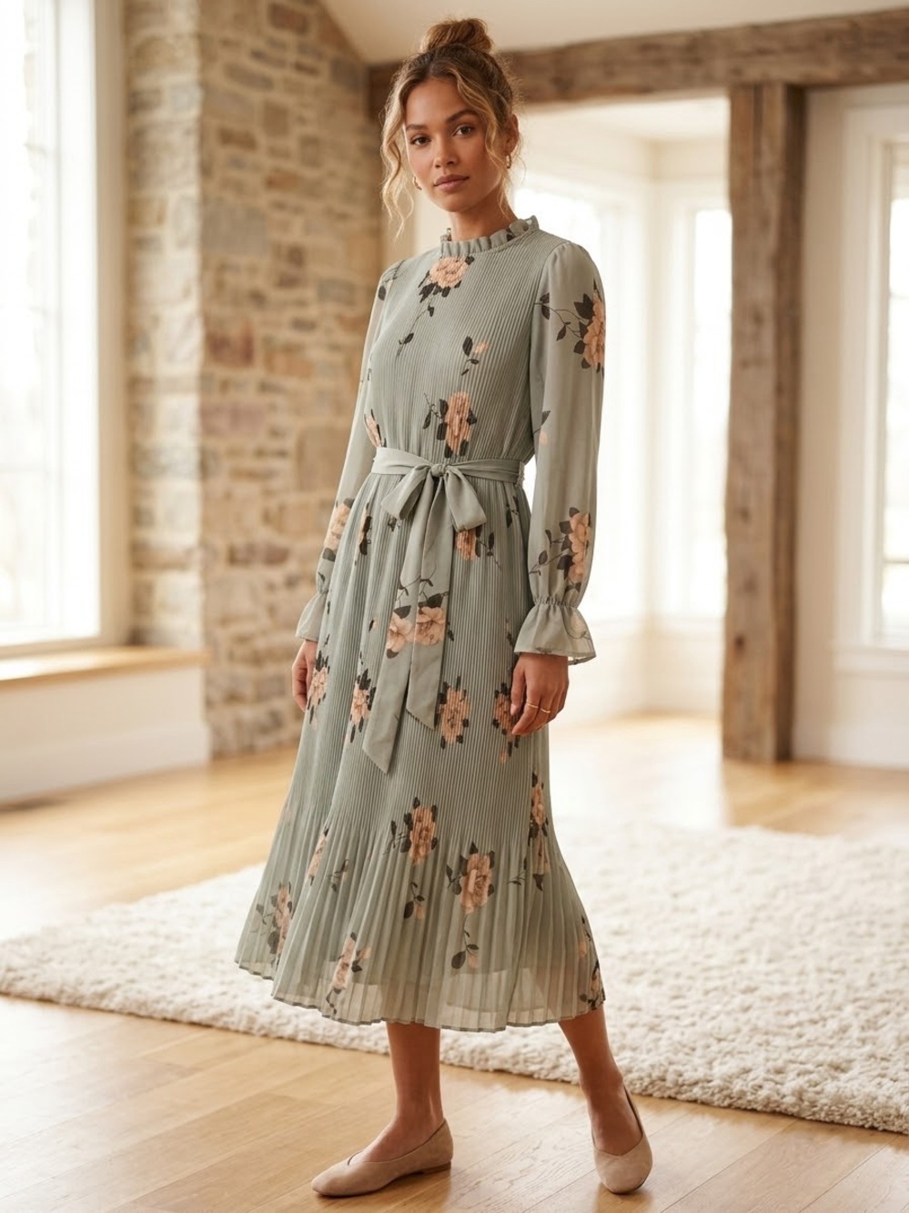 Floral Pleated Midi Dress with Tie Waist - Sage Green